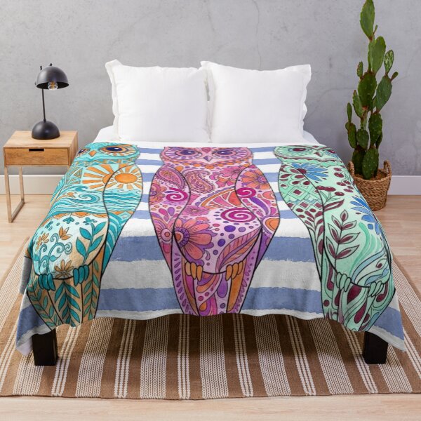 Item preview, Vibrant Summer Watercolor Owls Abstract Boho Trio Illustration designed and sold by VibranPalette.