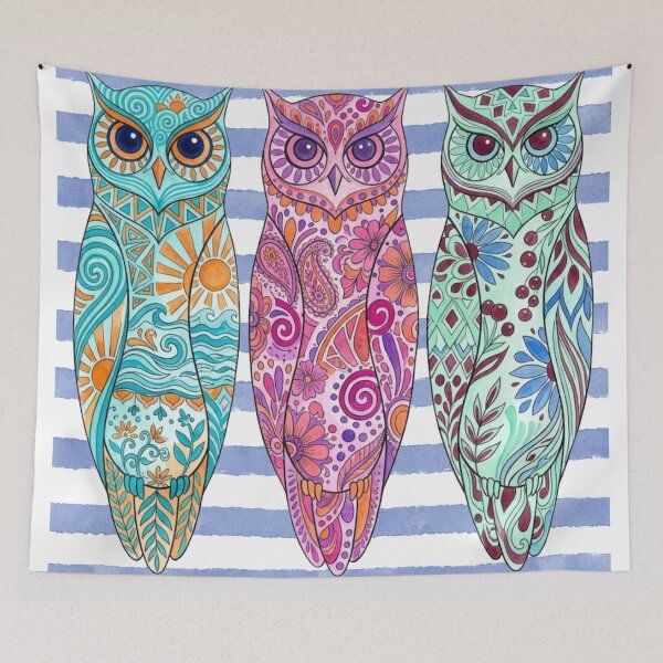 Artikelvorschau, Lebendige sommerliche Aquarell-Eulen-Illustration im abstrakten Boho-Stil (Trio) entworfen und verkauft von VibranPalette.