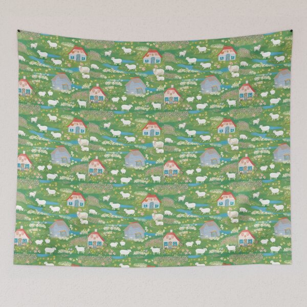 Item preview, Little Sheep and Cozy Cottages – Whimsical Seamless Pattern designed and sold by UmSkelig834.