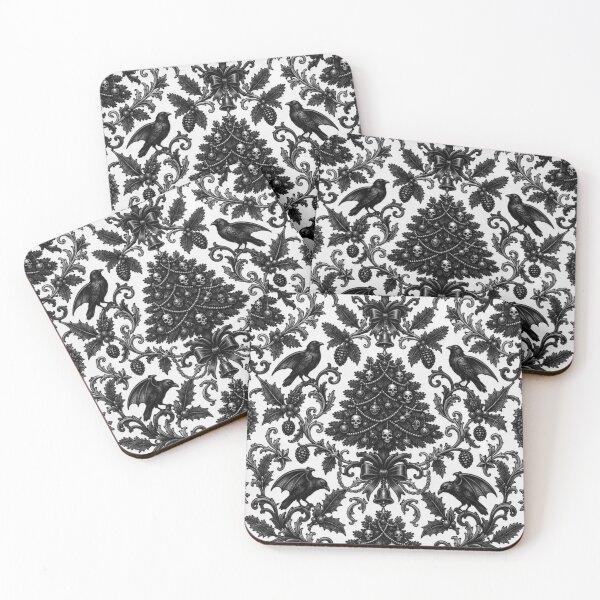 Item preview, The Corvid's Winter - Monochrome Gothic Crow & Christmas Skull Damask designed and sold by cabuks.