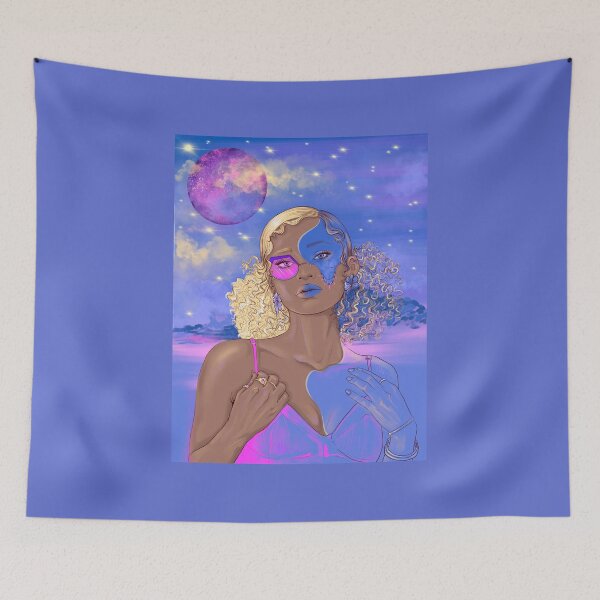 Item preview, Dreamy Vaporware Portrait | Galactic Girl And Neon Pink Moon Against a Starry Night Sky designed and sold by Skayana.