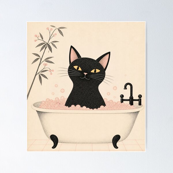 Item preview, Pink Bubble Bath. Black Cat Illustration. Cozy Cat Art Print designed and sold by VelvetClawStudio.