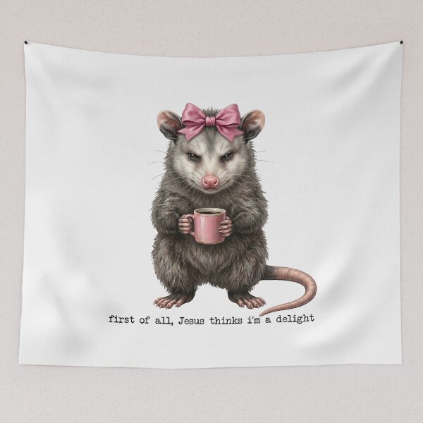 Item preview, First of All Jesus Thinks I'm a Delight – Funny Christian Opossum Pink Bow Coffee designed and sold by TheBeesForYou.