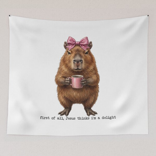 Item preview, First of All Jesus Thinks I'm a Delight – Funny Christian Capabara Pink Bow Coffee designed and sold by TheBeesForYou.