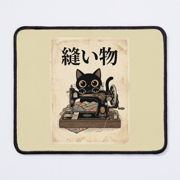Item preview, Cat Sewing Machine – Japanese Vintage Craft Poster | Cute Black Cat Sewing Illustration designed and sold by EverStitchStudio ★★★★★.