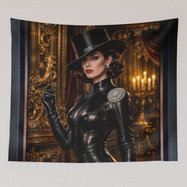 Item preview, Cassia Virel In Black Leather Within Gilded Aethel Hall Glamour AI Concept Art by Xzendor7 designed and sold by Xzendor7 Digital Art Creations.
