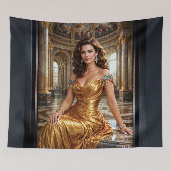 Item preview, Cassia Rondelle In Golden Gown Within The Hall Of Bethleon Captivating AI Concept Art by Xzendor7 designed and sold by Xzendor7 Digital Art Creations.