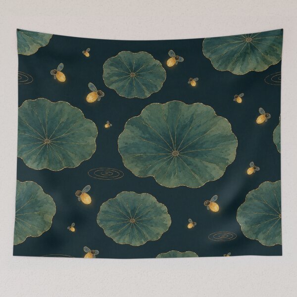 Item preview, Lotus Leaf & Fireflies Night — Korean Tanghwa Watercolor Pattern designed and sold by lita-lilith.