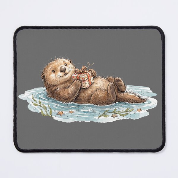 Item preview, Cute Fluffy Sea Otter Floating with Gift Box Watercolor Art designed and sold by BreezifyDesignStudio.