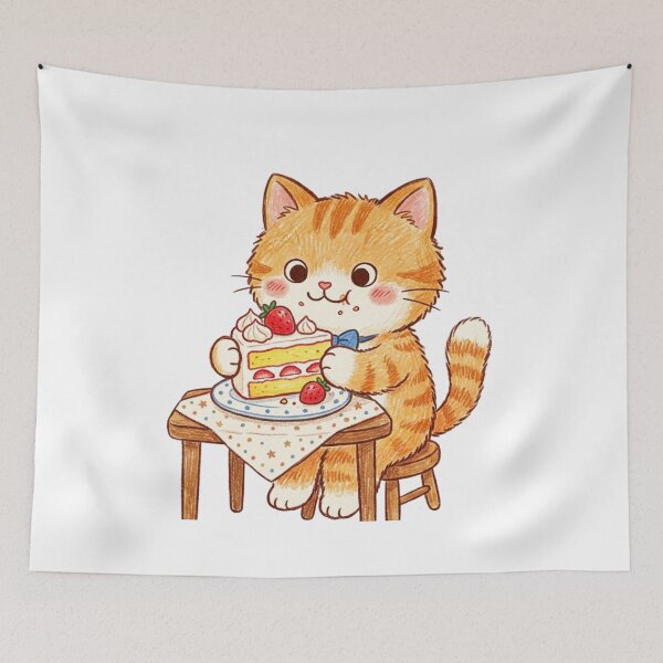Item preview, Cute Orange Tabby Cat Eating Strawberry Cake Afternoon Tea designed and sold by TaiwanMemory.