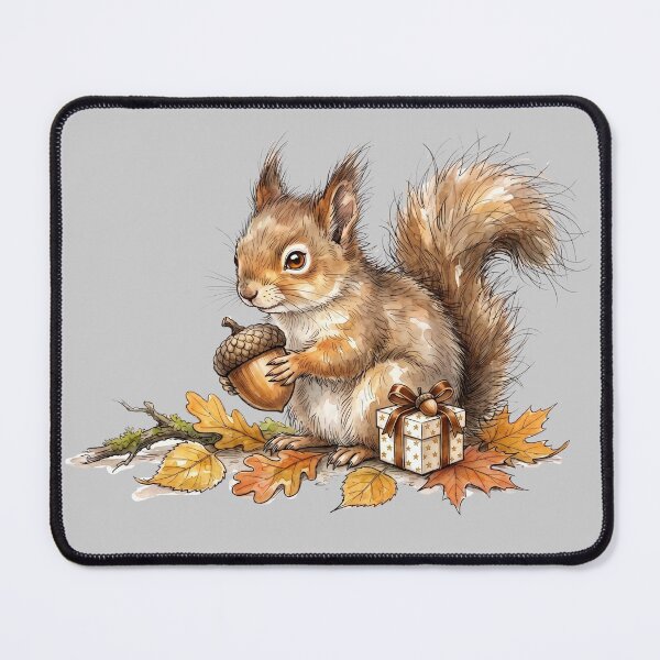 Item preview, Cute Fluffy Autumn Squirrel with Acorn and Gift Box Watercolor designed and sold by BreezifyDesignStudio.