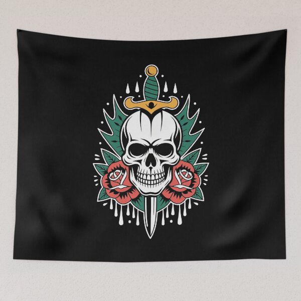 Item preview, Grinning Skull Dagger and Roses Old School Tattoo Art designed and sold by Say It With Ink.