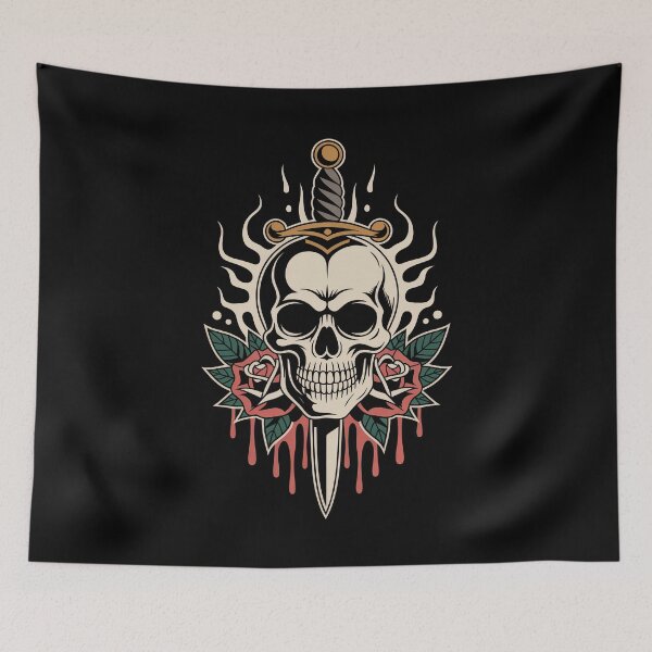 Item preview, Skull Dagger Flames and Roses Gothic Skull Art Gift designed and sold by Say It With Ink.