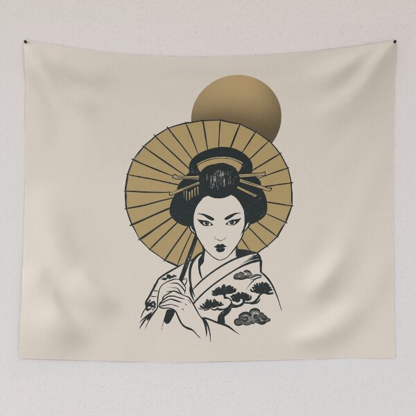 Item preview, Japanese Geisha Under Golden Moon | Black and Gold Oriental Art Design designed and sold by MonNoir.