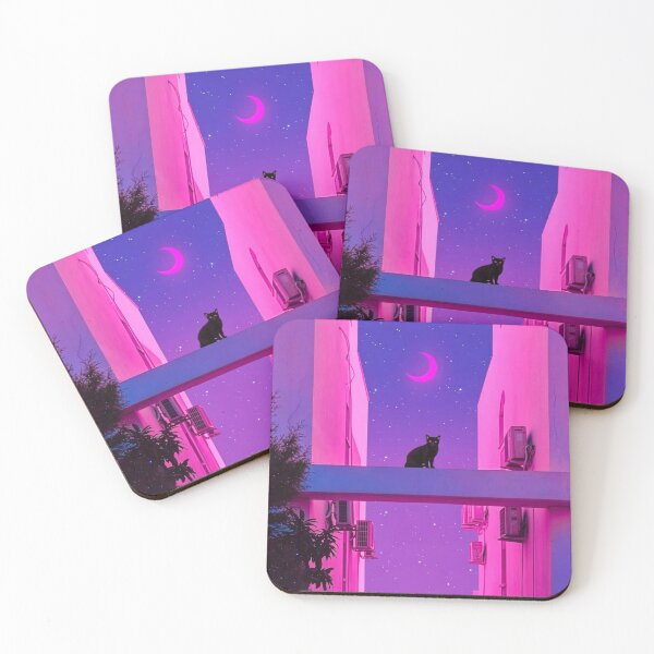 Item preview, Aesthetic Vaporwave Black Cat Neon Pink Lofi Night Art designed and sold by brkydesign.