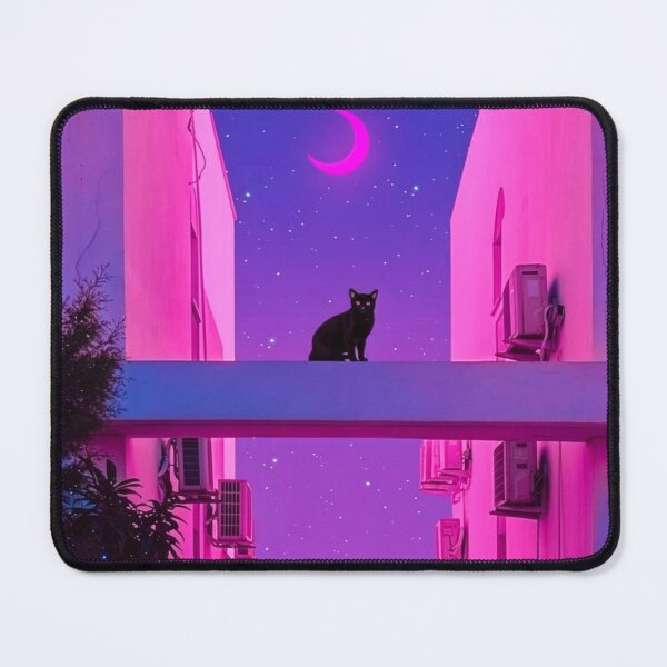 Item preview, Aesthetic Vaporwave Black Cat Neon Pink Lofi Night Art designed and sold by brkydesign.