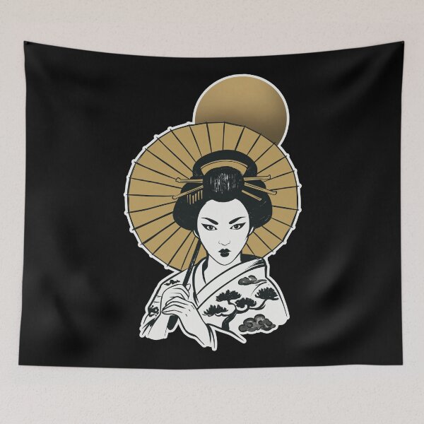 Item preview, Japanese Geisha Under Golden Moon | Black Gold Japanese Aesthetic Art designed and sold by MonNoir.