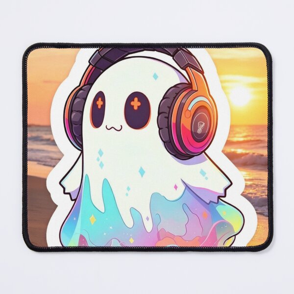 Item preview, Cute Kawaii Ghost with Headphones Lofi Pastel Summer Sunset Art designed and sold by brkydesign.