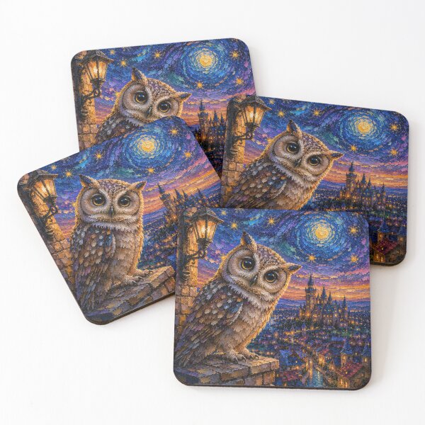 Item preview, An owl stands facing forward amidst the beautiful night lights designed and sold by artsimplepage.