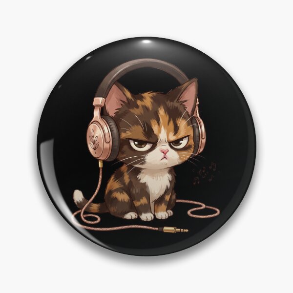 Item preview, Grumpy Calico Cat Wearing Metallic Headphones designed and sold by CrystalMineArts.