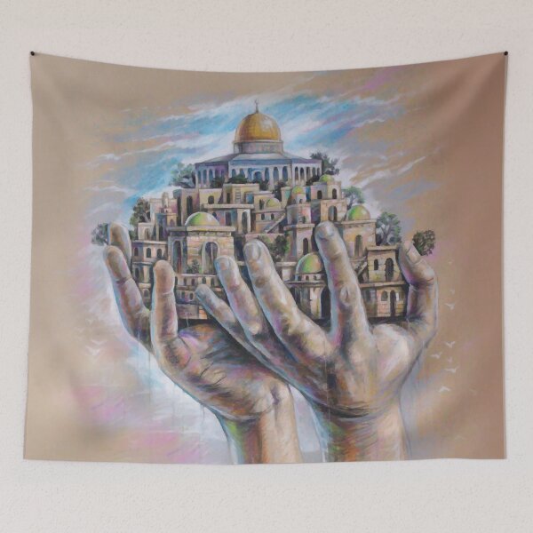 Item preview, Save Jerusalem Al Aqsa Painting, Freedom Hands Holding Al Quds Old City designed and sold by Hurriyyatee.