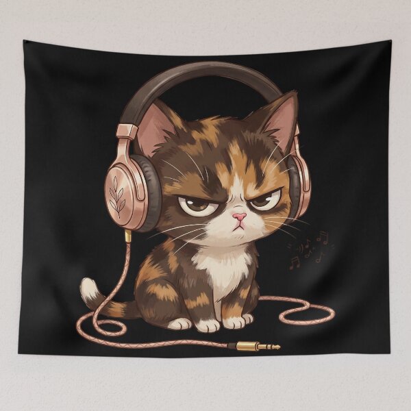 Item preview, Grumpy Calico Cat Wearing Metallic Headphones designed and sold by CrystalMineArts.