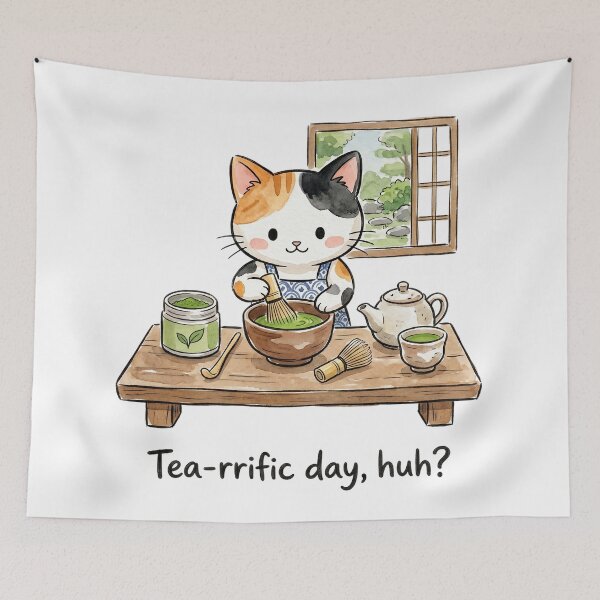 Item preview, Cute Calico Cat Matcha Green Tea Watercolor designed and sold by CrystalMineArts.