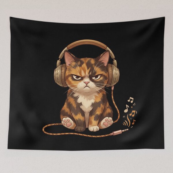 Item preview, Grumpy Calico Cat Vintage Bronze Headphones designed and sold by CrystalMineArts.