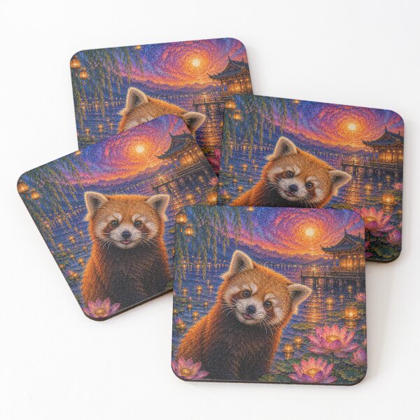 Item preview, A red panda amidst lotus flowers illuminated by the sunlight designed and sold by artsimplepage.