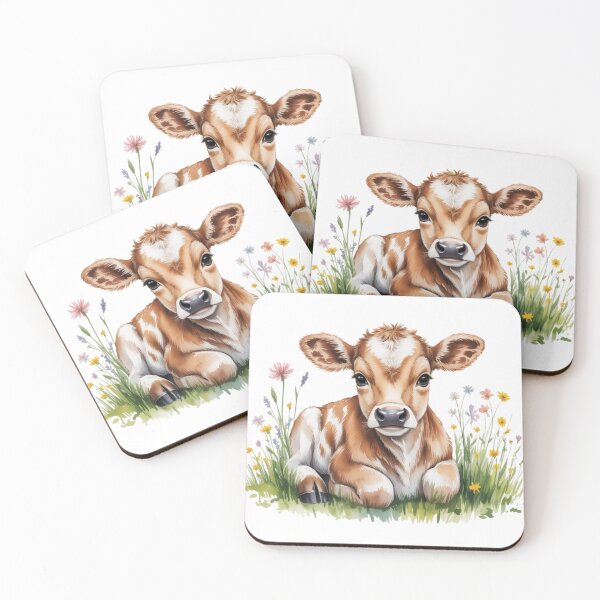 Item preview, Whimsical Watercolor Baby Calf Art - Cute Countryside Meadow Cow with Wildflowers Farmhouse Design designed and sold by Picasfarmer.