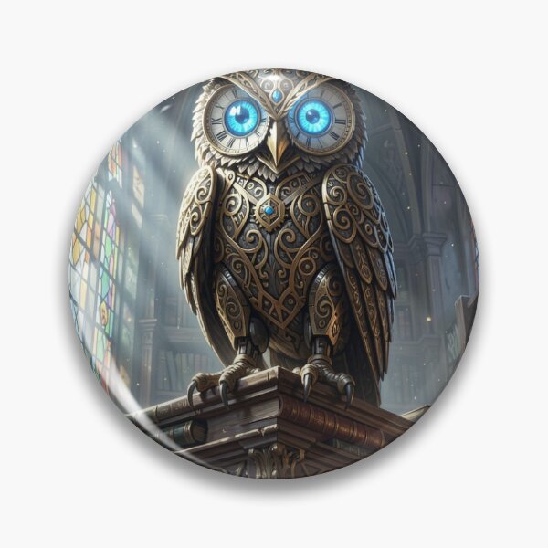 Item preview, Majestic clockwork owl with sapphire eyes in an ancient library full of light and secrets designed and sold by FotoworldEdel.