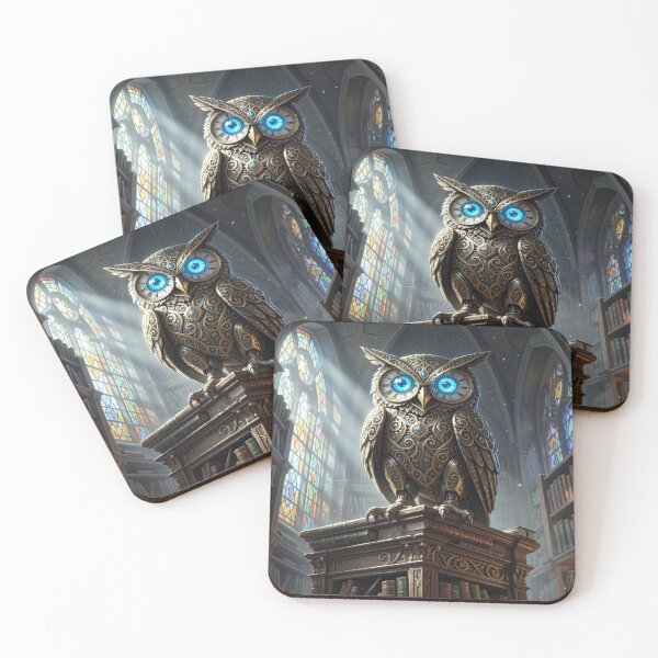 Item preview, Majestic clockwork owl with sapphire eyes in an ancient library full of light and secrets designed and sold by FotoworldEdel.