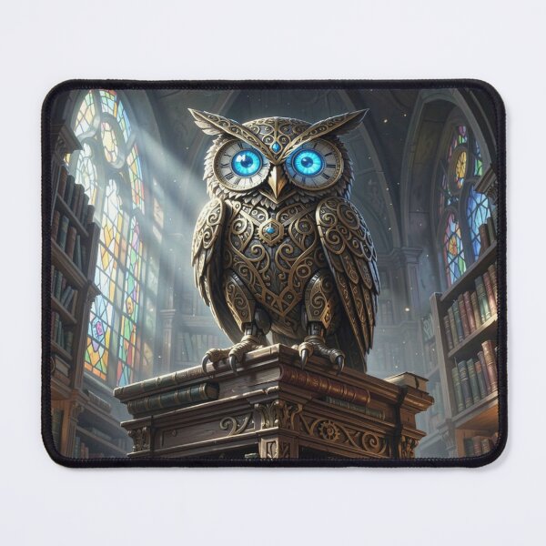 Item preview, Majestic clockwork owl with sapphire eyes in an ancient library full of light and secrets designed and sold by FotoworldEdel.