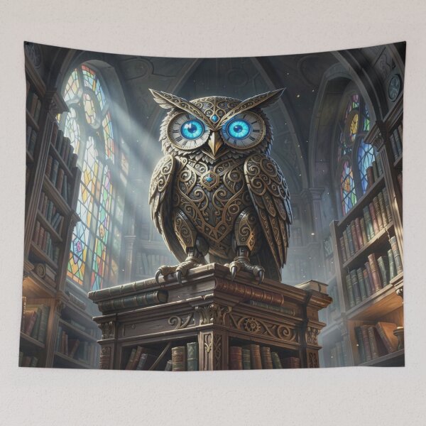 Item preview, Majestic clockwork owl with sapphire eyes in an ancient library full of light and secrets designed and sold by FotoworldEdel.