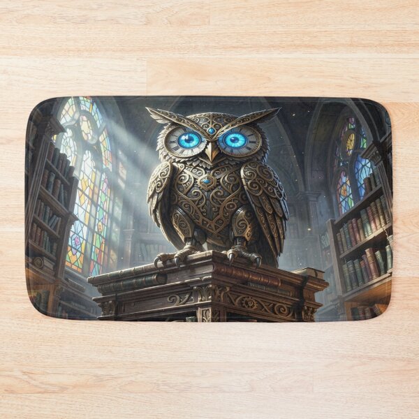 Item preview, Majestic clockwork owl with sapphire eyes in an ancient library full of light and secrets designed and sold by FotoworldEdel.