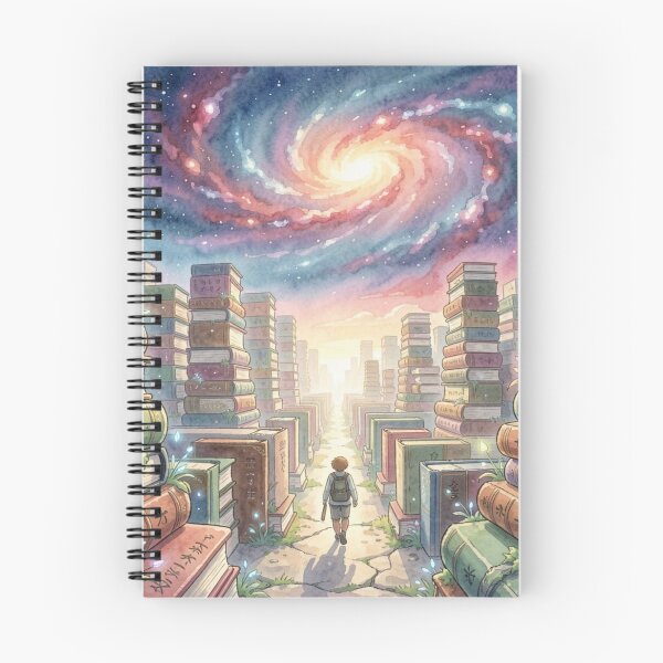Item preview, Wanderers between gigantic walls of books on a path full of light, knowledge and cosmic vastness. designed and sold by FotoworldEdel.