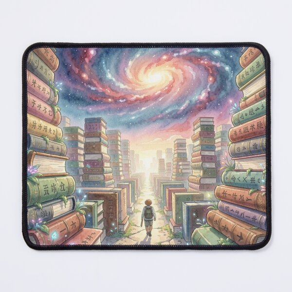 Item preview, Wanderers between gigantic walls of books on a path full of light, knowledge and cosmic vastness. designed and sold by FotoworldEdel.