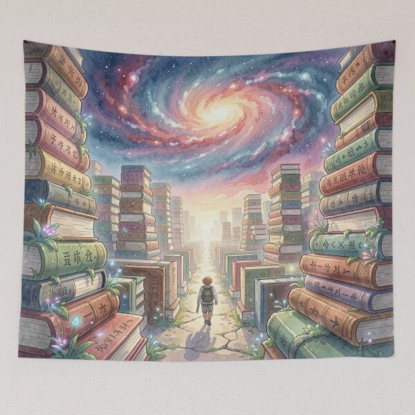 Item preview, Wanderers between gigantic walls of books on a path full of light, knowledge and cosmic vastness. designed and sold by FotoworldEdel.
