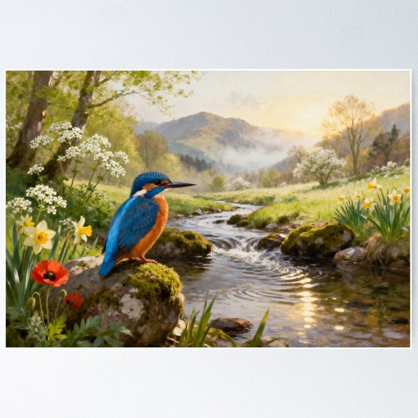 Item preview, Kingfisher Riverside Glow - Lake District Spring Countryside Painting designed and sold by QuietCanvasArtworks.