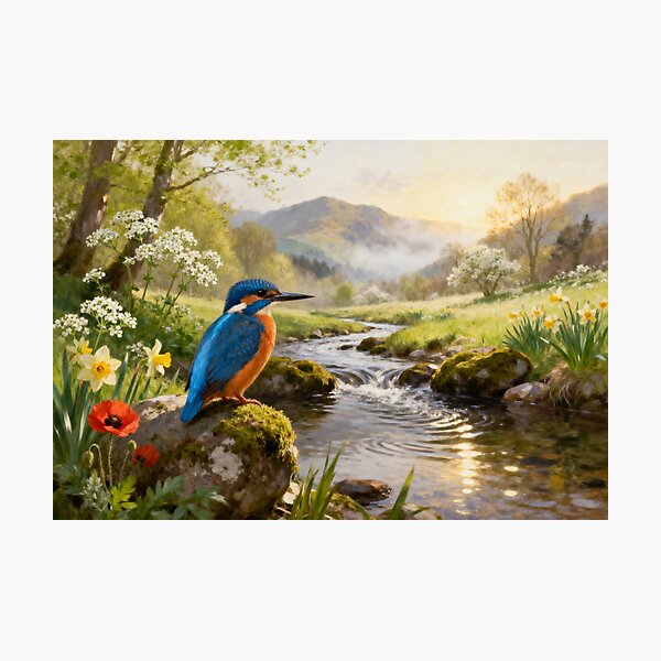 Item preview, Kingfisher Riverside Glow - Lake District Spring Countryside Painting designed and sold by QuietCanvasArtworks.