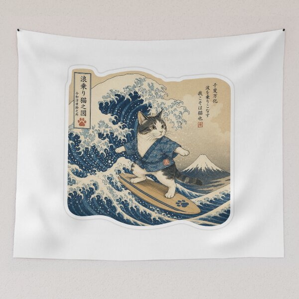Item preview, Surfing Cat Great Wave Ukiyo-e Japanese Art Sticker designed and sold by mofu-studio.