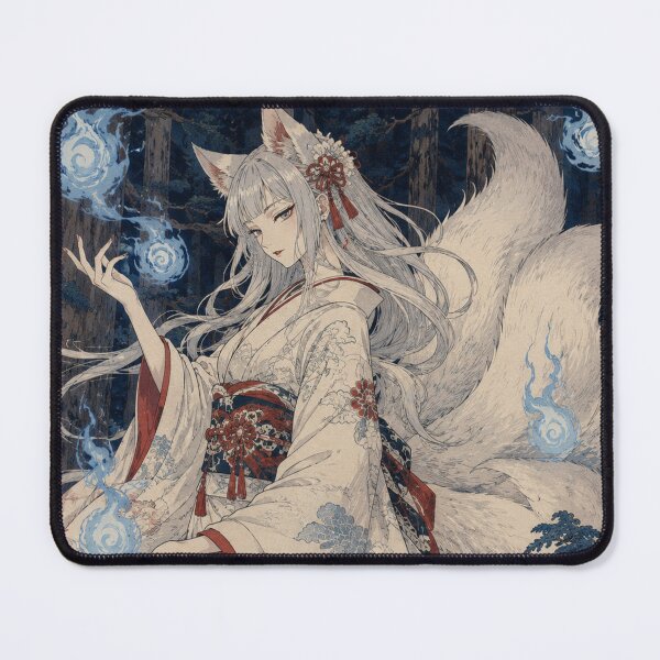Item preview, Blue Fire Spirit - Vintage Japanese Kitsune Girl Ukiyo-e Woodblock designed and sold by bapupa.
