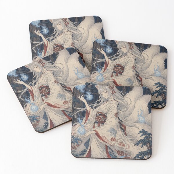 Item preview, Blue Fire Spirit - Vintage Japanese Kitsune Girl Ukiyo-e Woodblock designed and sold by bapupa.