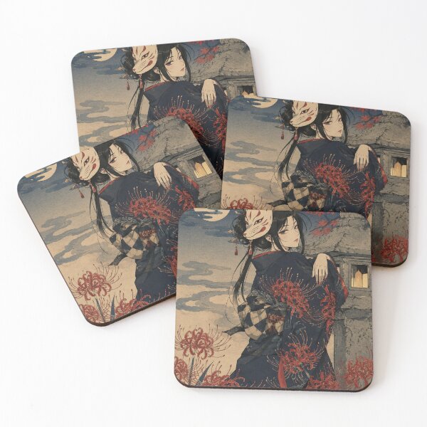 Item preview, Masked Fox Shadow - Vintage Japanese Kitsune Girl Ukiyo-e Woodblock designed and sold by bapupa.