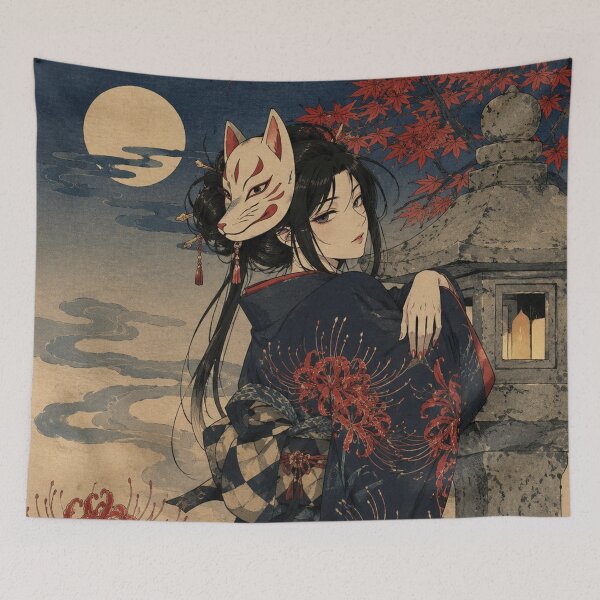Item preview, Masked Fox Shadow - Vintage Japanese Kitsune Girl Ukiyo-e Woodblock designed and sold by bapupa.