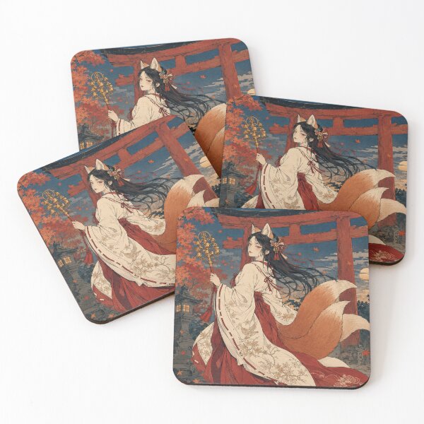 Item preview, Shrine Maiden Fox - Vintage Japanese Kitsune Girl Ukiyo-e Woodblock designed and sold by bapupa.