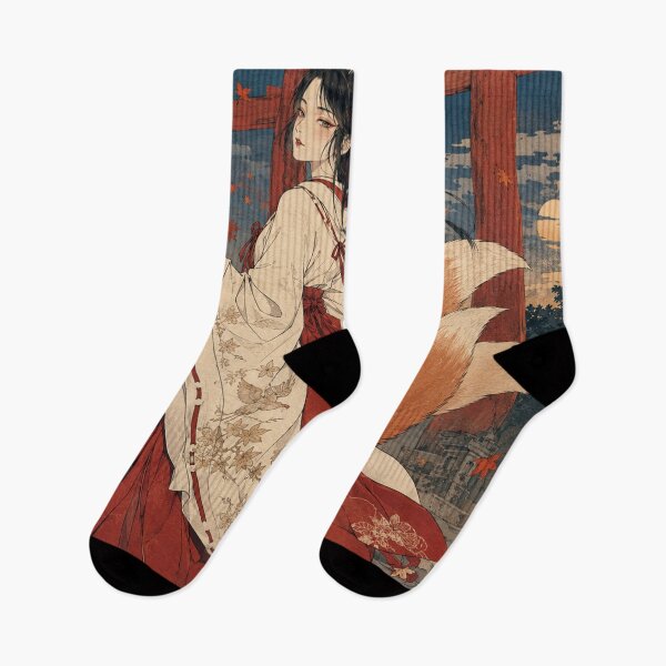 Item preview, Shrine Maiden Fox - Vintage Japanese Kitsune Girl Ukiyo-e Woodblock designed and sold by bapupa.