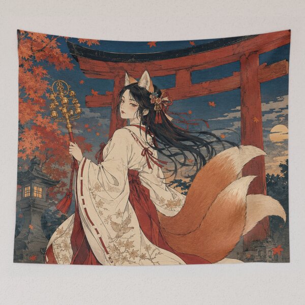 Item preview, Shrine Maiden Fox - Vintage Japanese Kitsune Girl Ukiyo-e Woodblock designed and sold by bapupa.