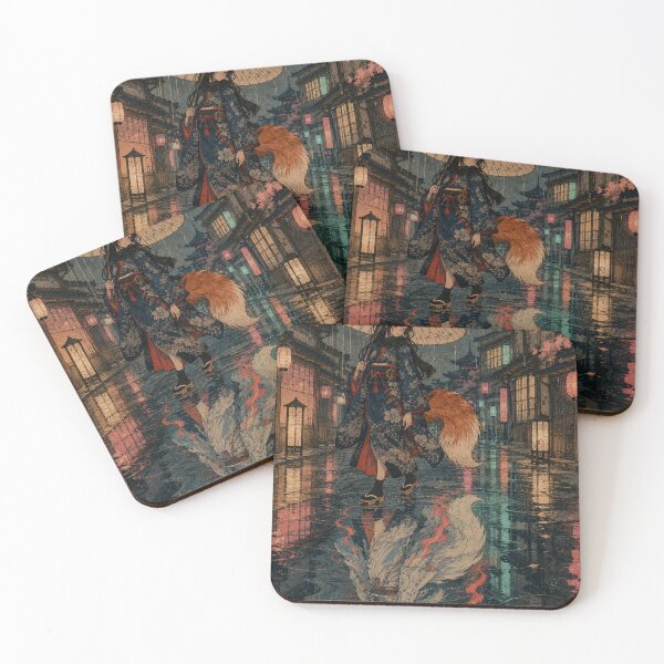 Item preview, Urban Neon Fox - Vintage Japanese Kitsune Girl Ukiyo-e Woodblock designed and sold by bapupa.