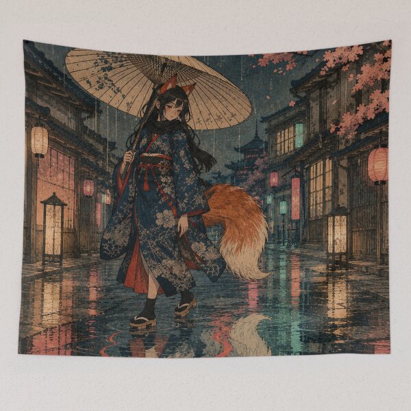 Item preview, Urban Neon Fox - Vintage Japanese Kitsune Girl Ukiyo-e Woodblock designed and sold by bapupa.